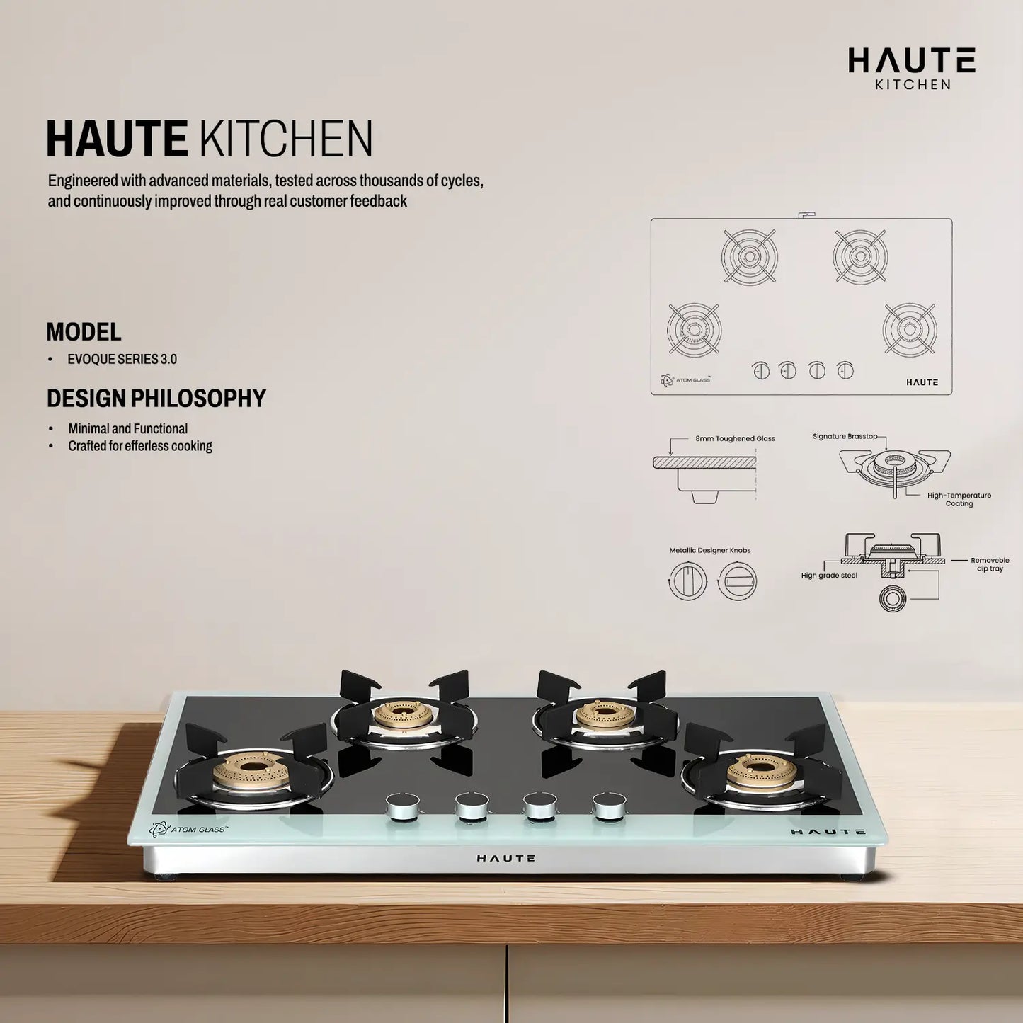 Evoque Series B&W Glass Top Gas Stove – 4 Burner