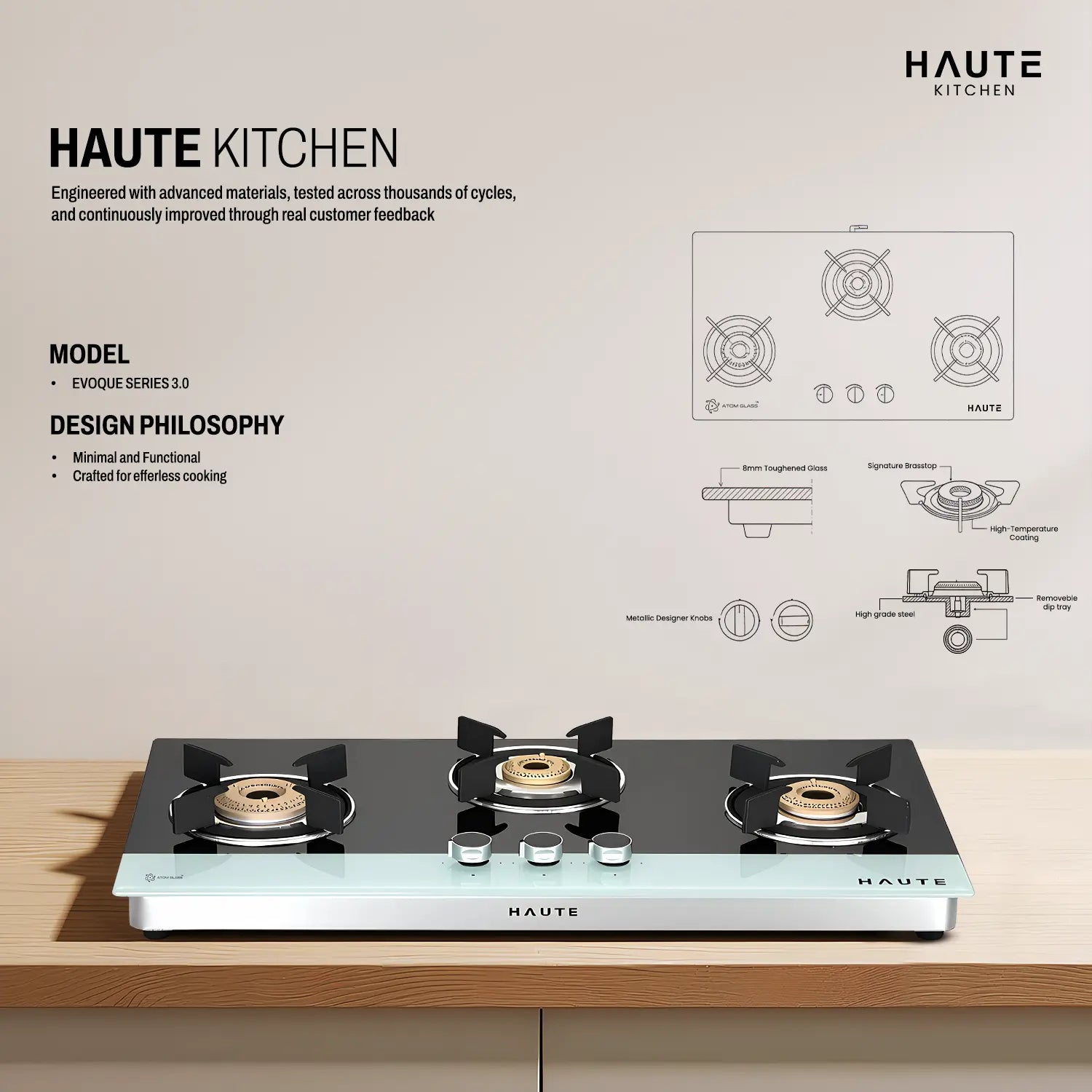 Evoque Series B&W Glass Top Gas Stove – 3 Burner