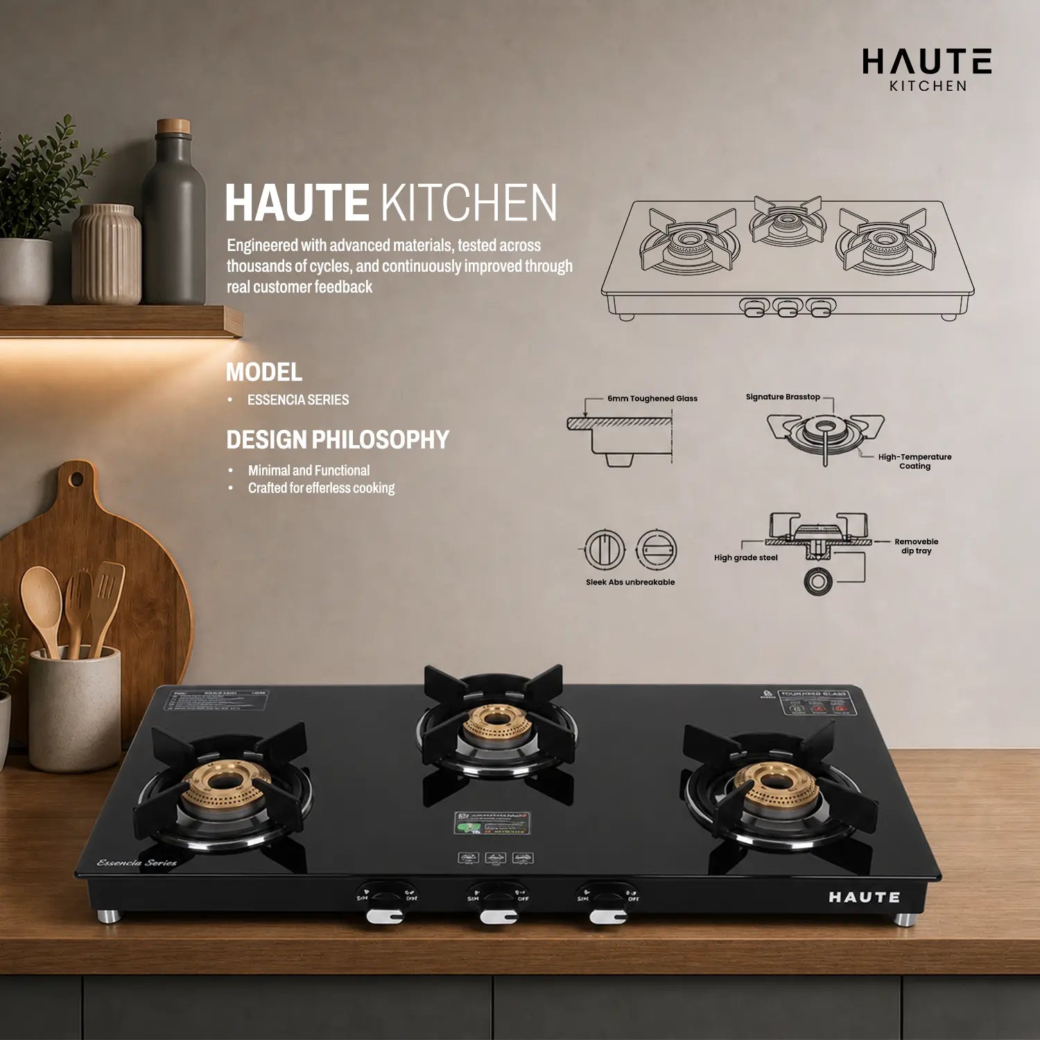 Essencia Series All Black Gas Stove – 3 Burner (Glass Top)