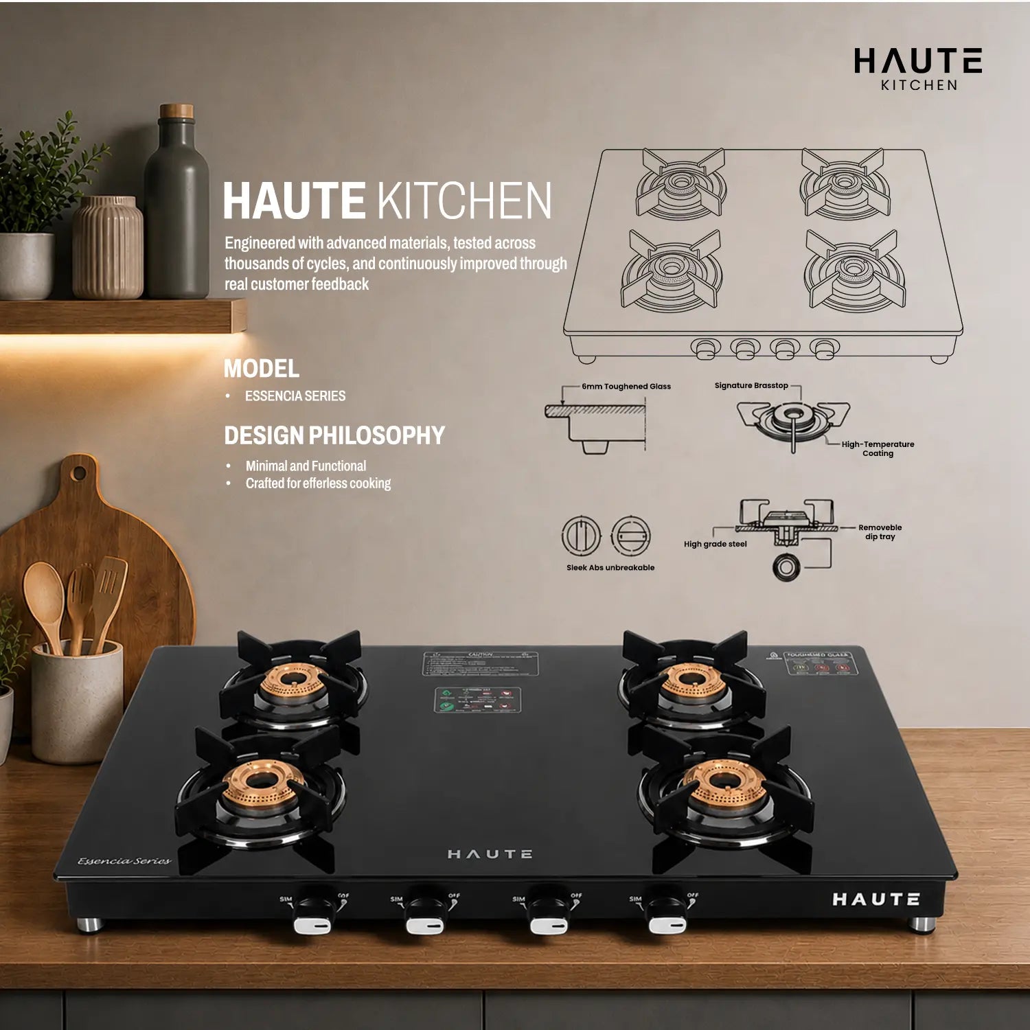 Essencia Series All Black Gas Stove – 4 Burner (Glass Top)