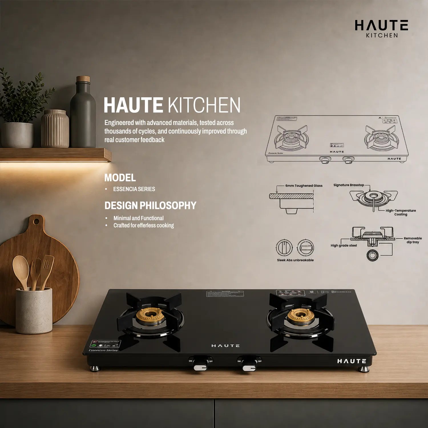 Essencia Series All Black Gas Stove – 2 Burner (Glass Top)
