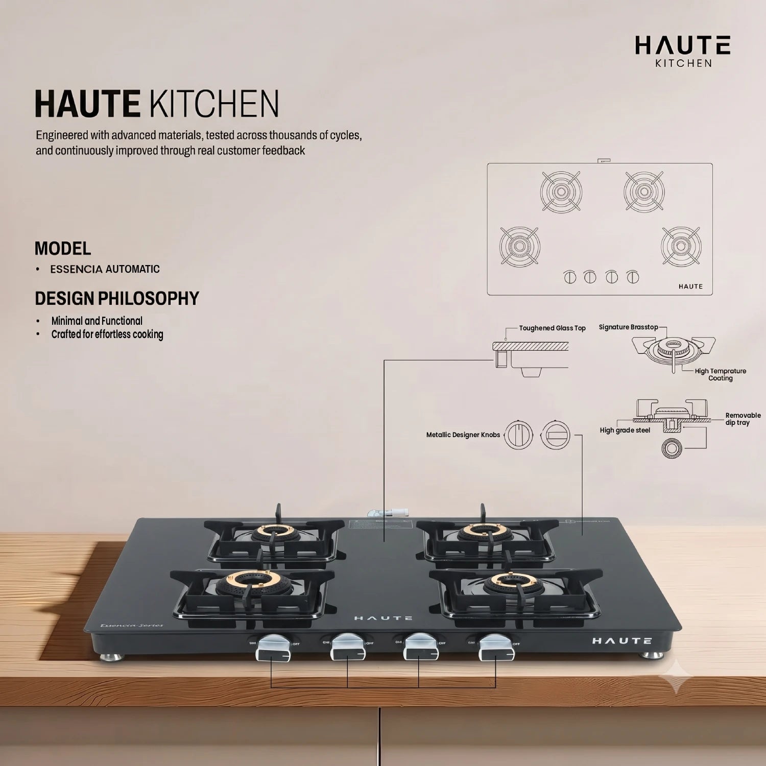 Essencia Automatic Gas Stove – 4 Burner (Glass Top)