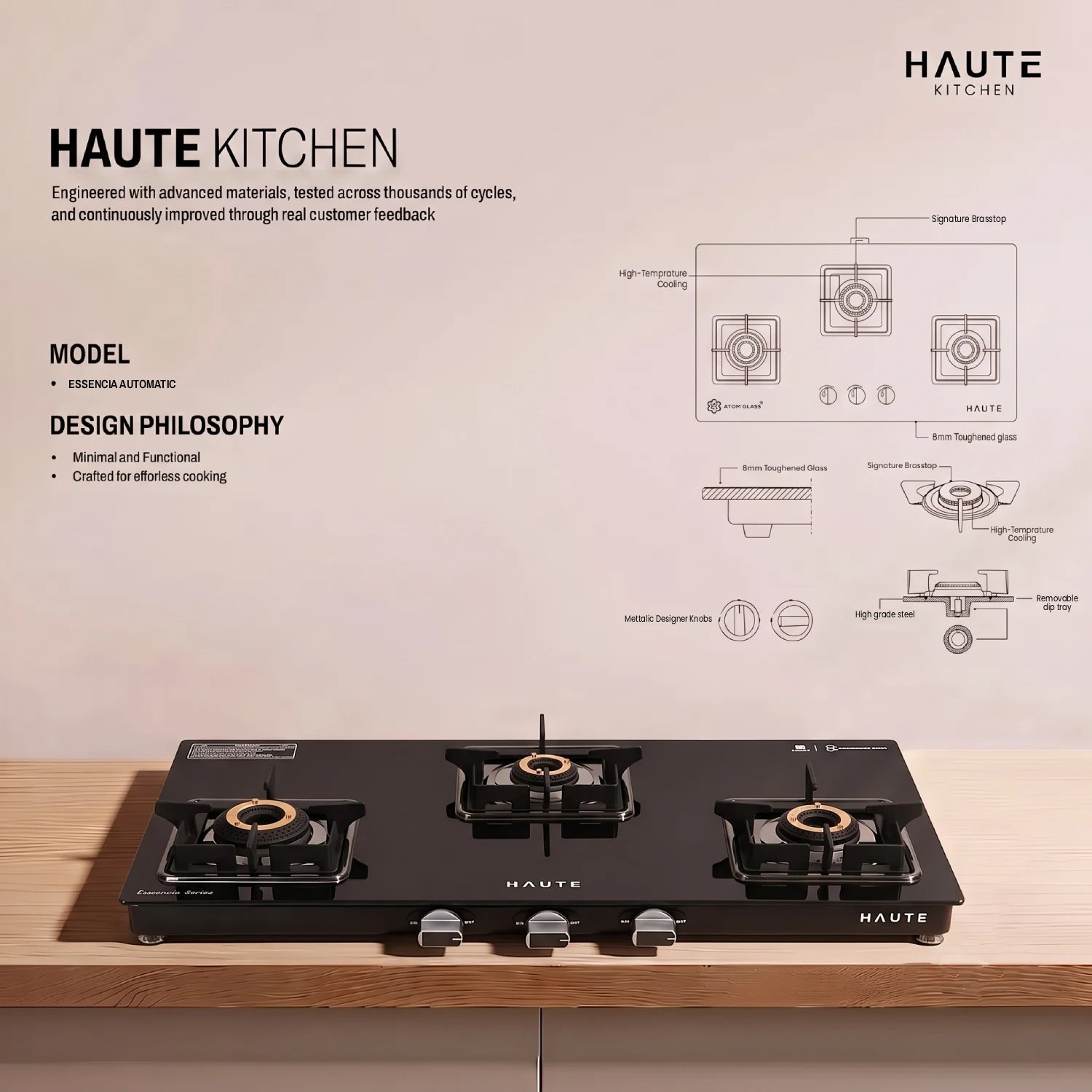 Essencia Automatic Gas Stove – 3 Burner (Glass Top)