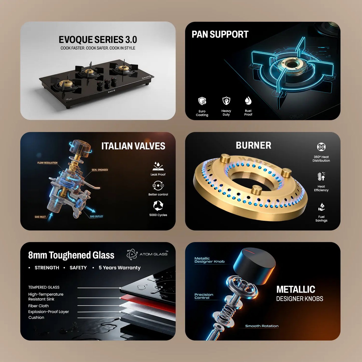 Evoque Series Black/Black & White Glass Top Gas Stove – 3 & 4 Burner