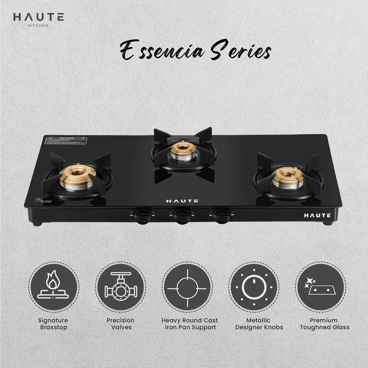 Essencia Series All Black Gas Stove – 3 & 4 Burner (Glass Top)