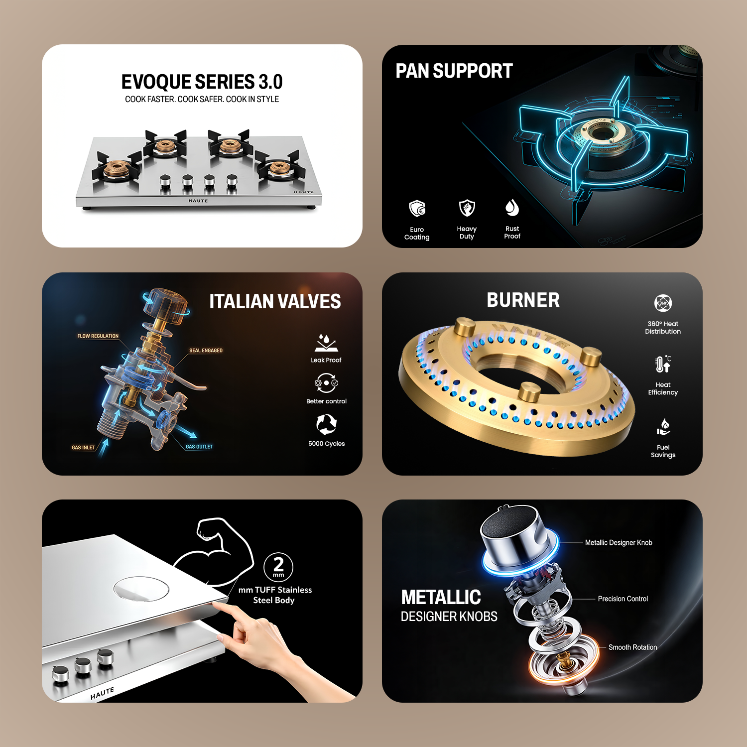 Evoque Series Black/Black & White Glass Top Gas Stove – 3 & 4 Burner