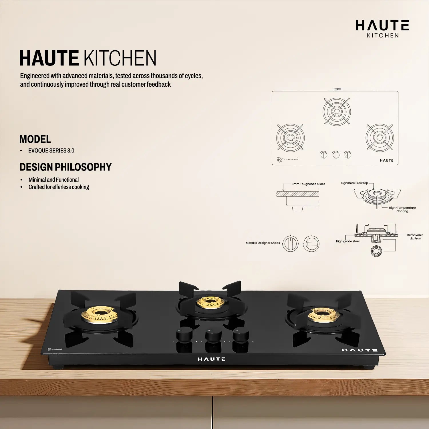 Evoque Series Black/Black & White Glass Top Gas Stove – 3 & 4 Burner