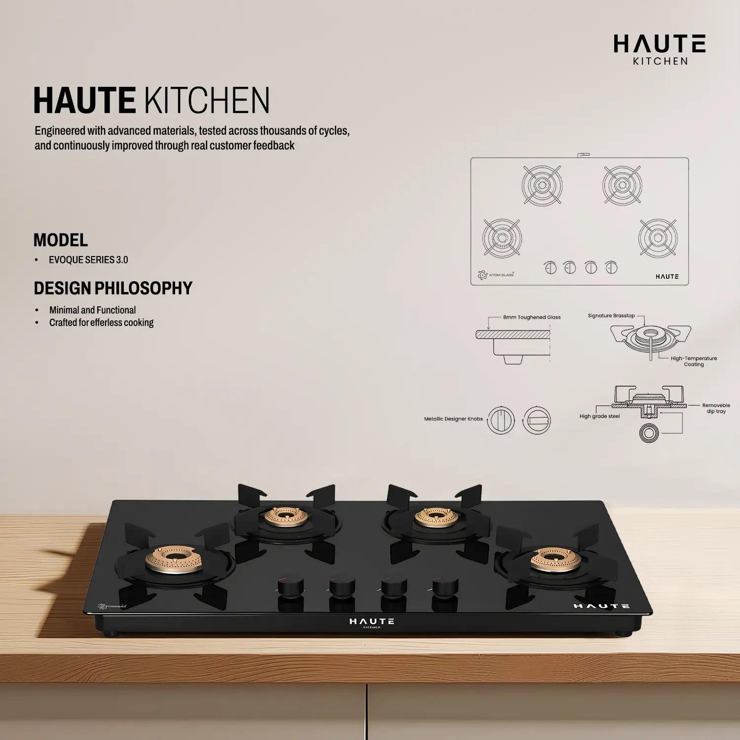 Evoque Series Glass Top Gas Stove – 4 Burner