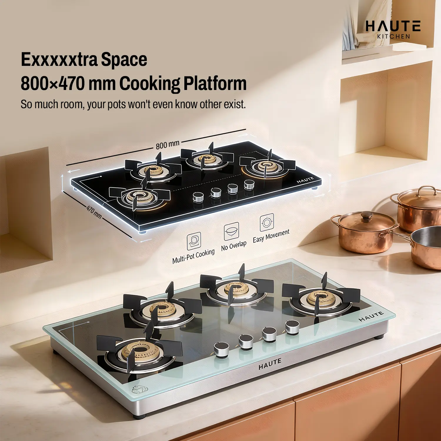 Evoque Series B&W Glass Top Gas Stove – 4 Burner